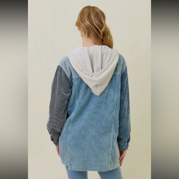 360. Hoodie Jacket Corduroy Washed Color block Blue Mix S, M & L NEW Item NWT - Picture 3 of 8